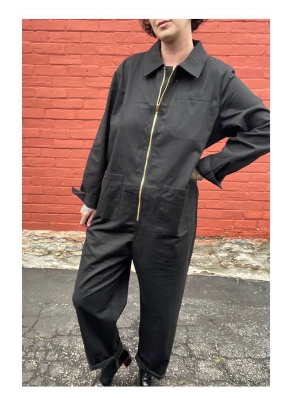 Black Long-Sleeve Zip-Front Women's Jumpsuit with Gold Zipper